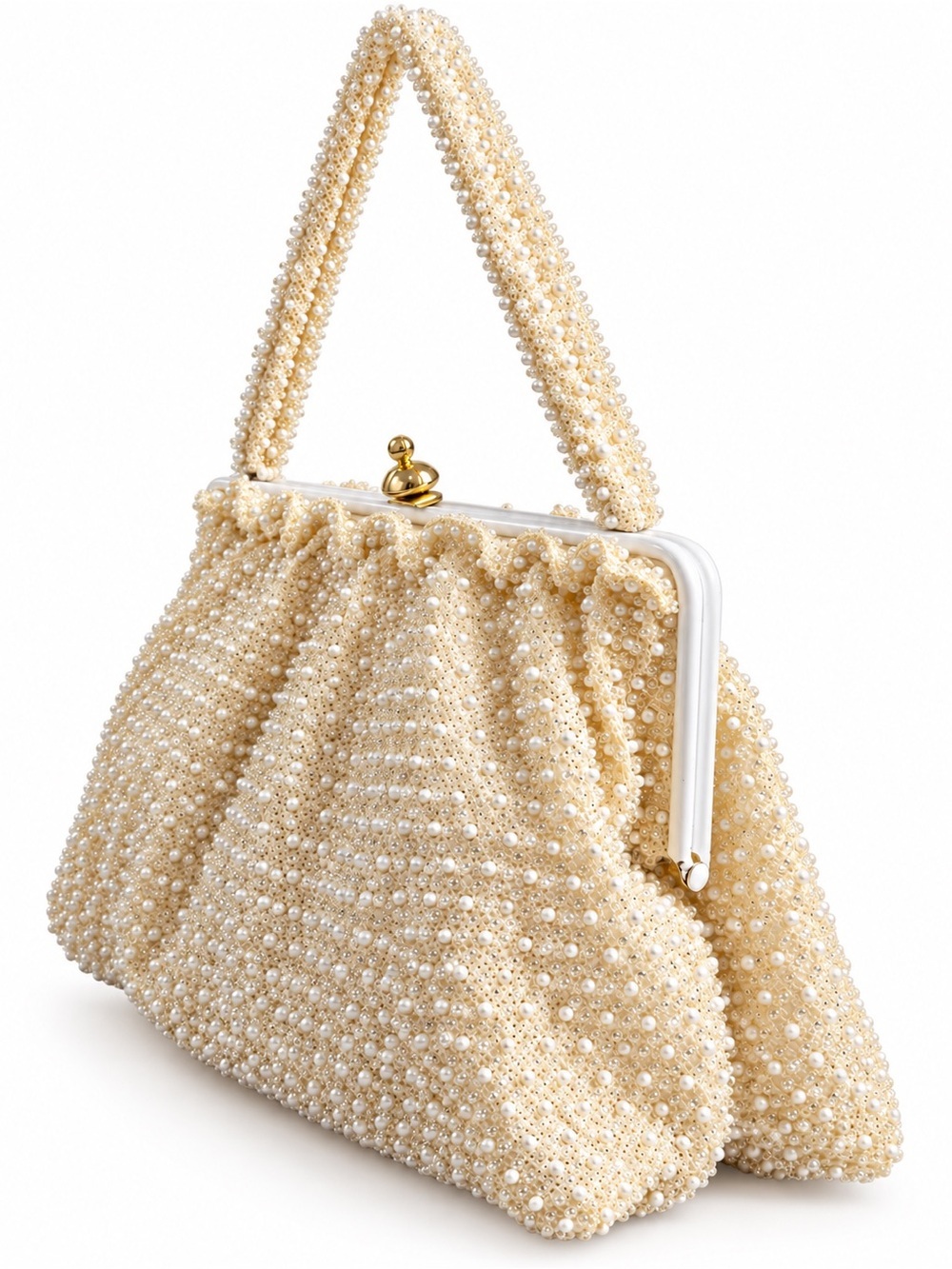 Vintage Ivory Pearl Beaded Handbag Purse Gold Clasp Evening Purse - Picture 3 of 5